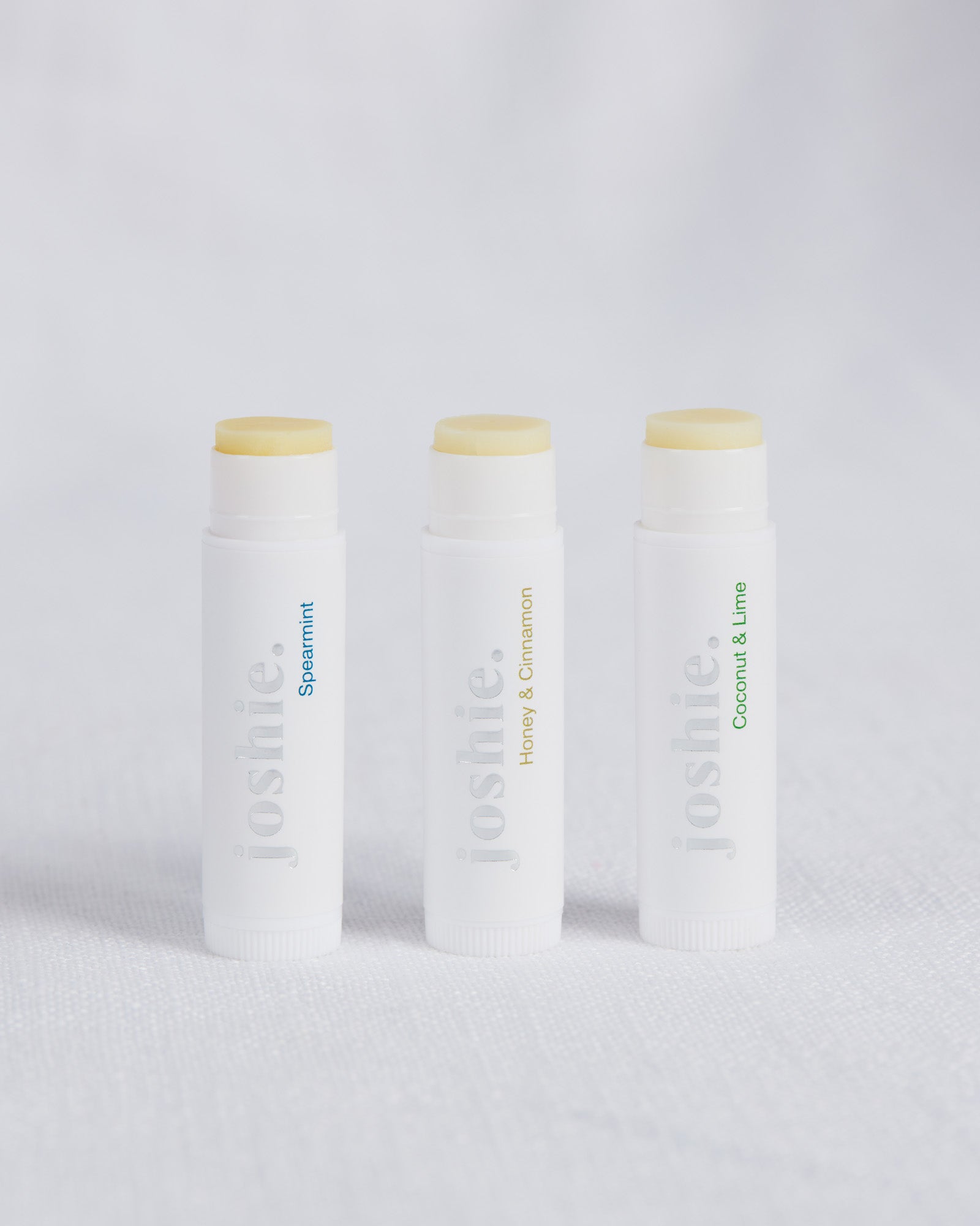 joshie. Lip Balm Set with Spearmint, Coconut & Lime, Honey & Cinnamon Lip Balm