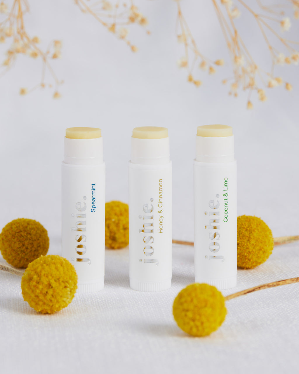 joshie. Lip Balm Set with Spearmint, Coconut & Lime, Honey & Cinnamon Lip Balm